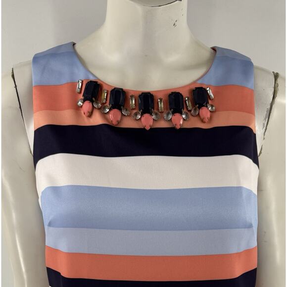 Vince Camuto Shift Dress Size 6 Striped Coral Pink Blue Beaded Neck Cocktail - Picture 2 of 6